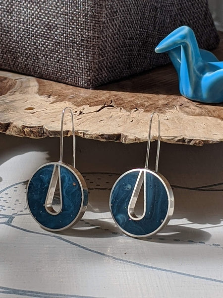 Geometric Dark Blue Circle Sterling Silver Earrings