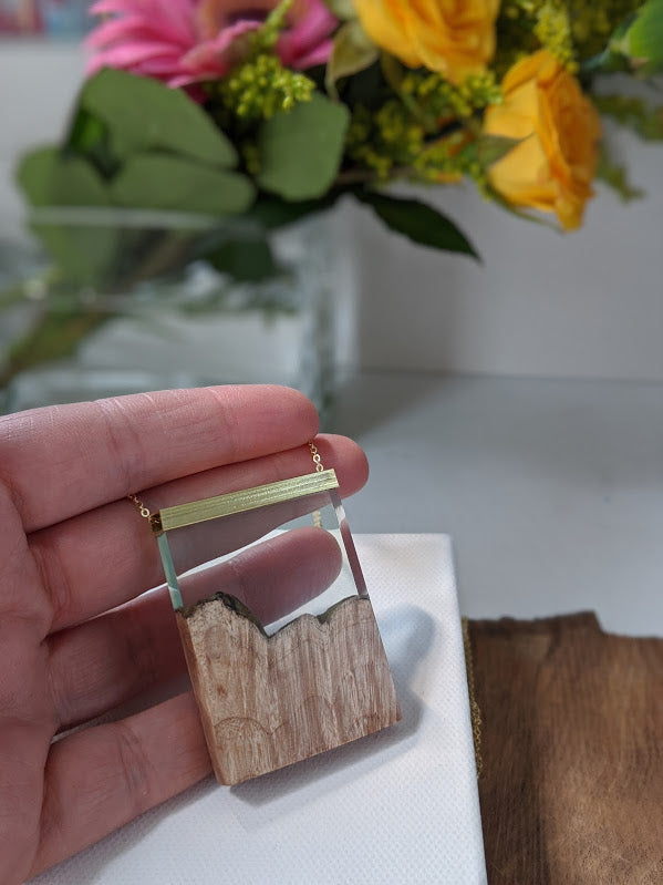 Clear Mountain Wood and Resin Landscape Necklace