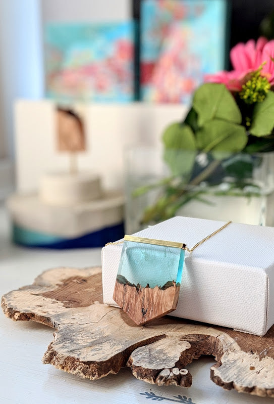 Blue Mountain Wood and Resin Landscape Necklace