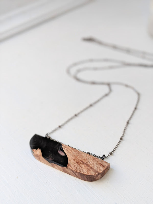 Wood and Swirling Black Resin Necklace