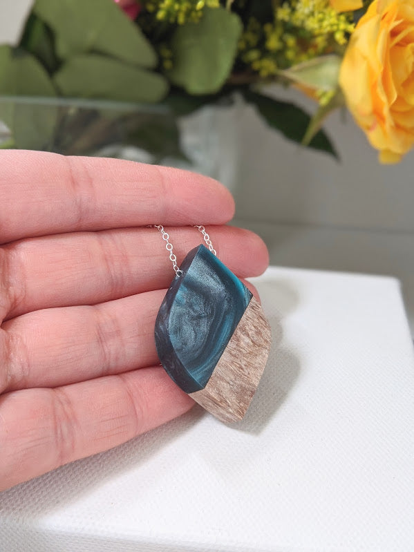 Almond Shaped Stormy Sky Wood and Resin Necklace