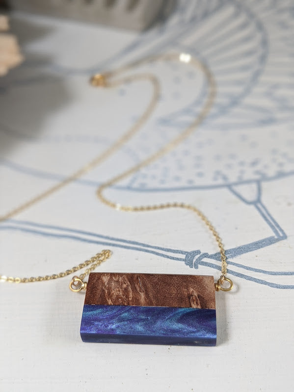 Upside Horizon Wood and Blue Resin Necklace