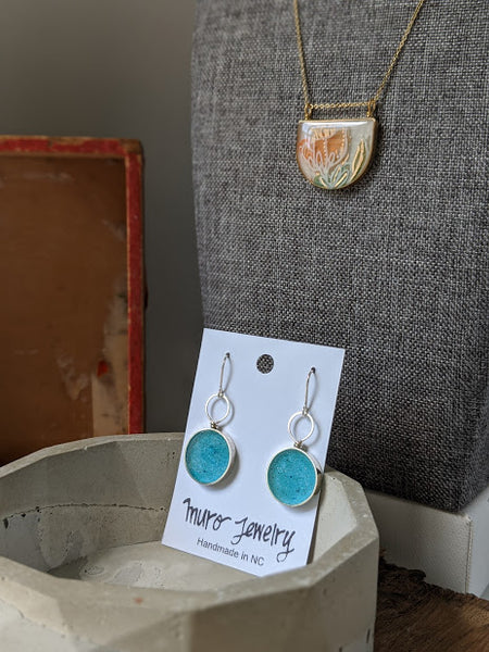 Sparkling Sea Double Circle Sterling Silver and Resin Dangle Earrings