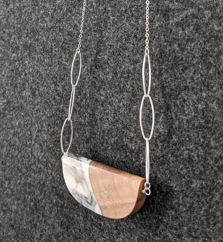 Marbled Sterling Silver Wood and Resin Necklace