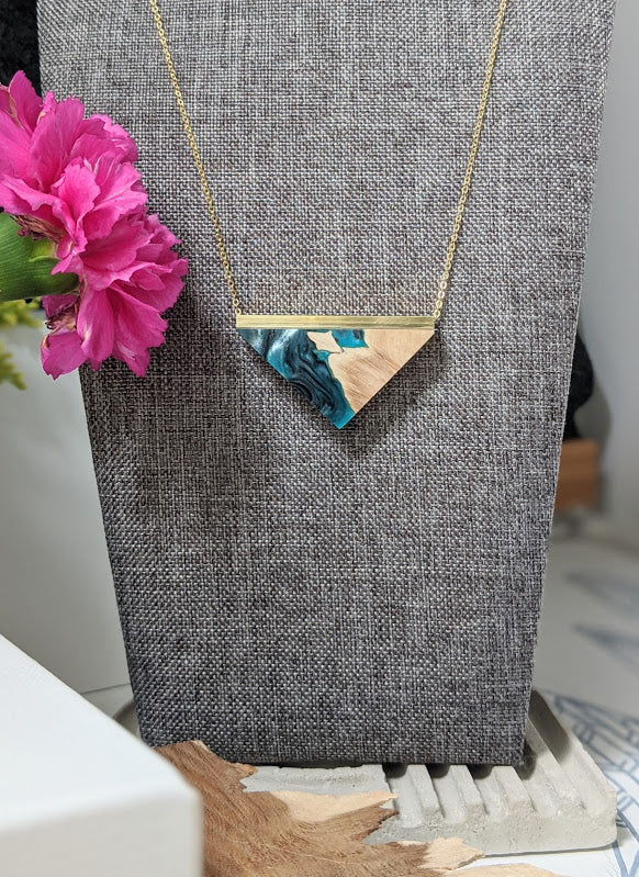Triangular Shores Wood and Blue Resin Necklace