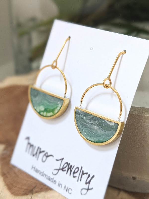 Green Dream Marbled Dangle Half Moon Earrings