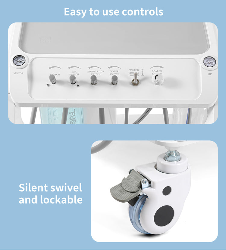 Portable Dental Mobile Cart Delivery Unit 4 Holes with Air Compressor Built-in ultrasonic scaler & Curing light - azdentall.com
