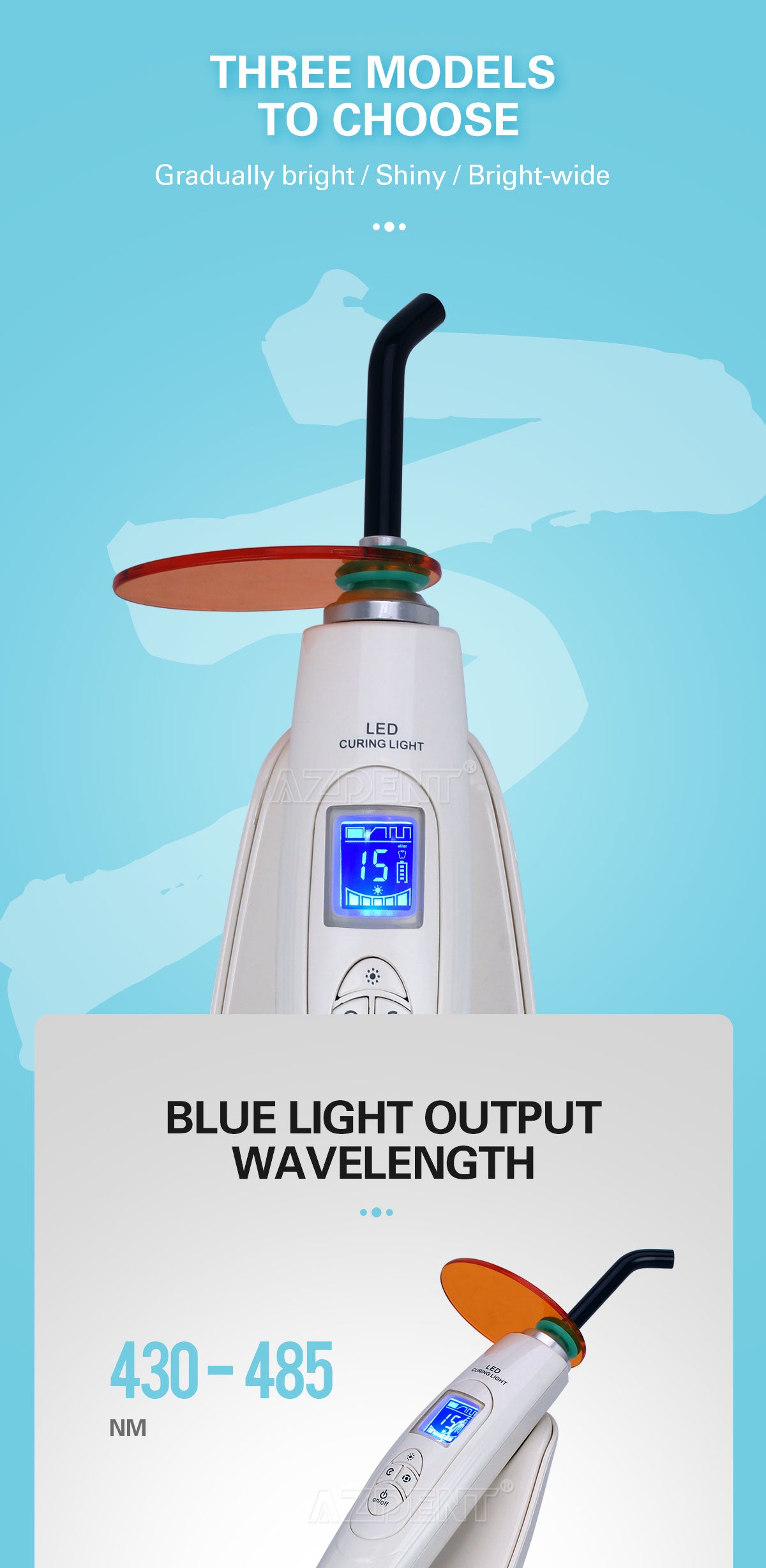 Dental LED Curing Light Built-in Light Meter Function 380-515nm 2000mW/cm² 5W Power - azdentall.com