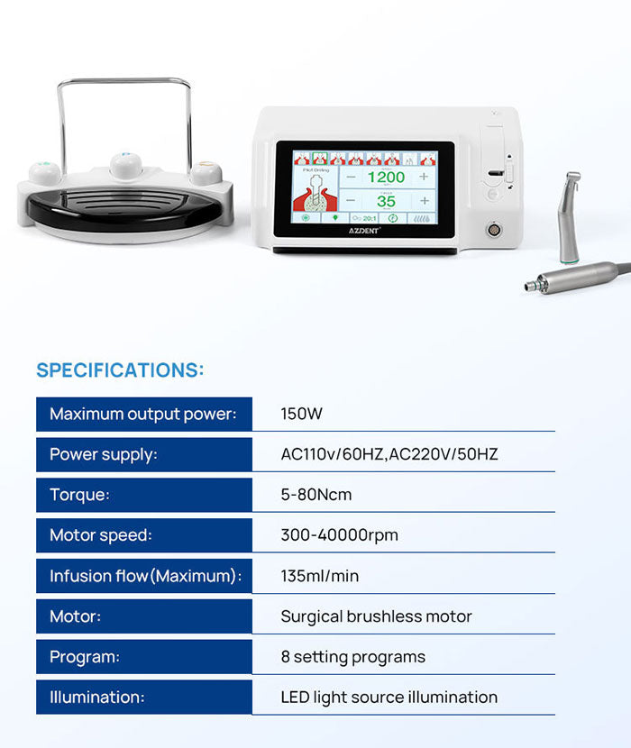 AZDENT Dental Implant Motor Surgical Brushless Color Touch Screen And 45 Degree 1:4.2 Increasing Fiber Optic Handpiece External Water-azdentall.com