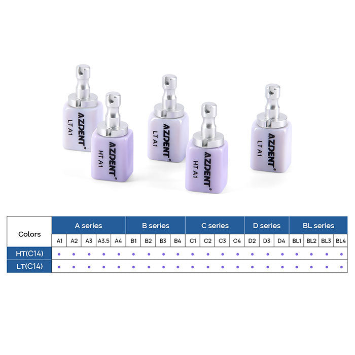 AZDENT Lithium Disilicate C14 Glass Ceramic Blocks LT/HT Dental Lab Crown Material for CAD CAM Sirona Cerec Milling Syste 5pcs/Box - azdentall.com