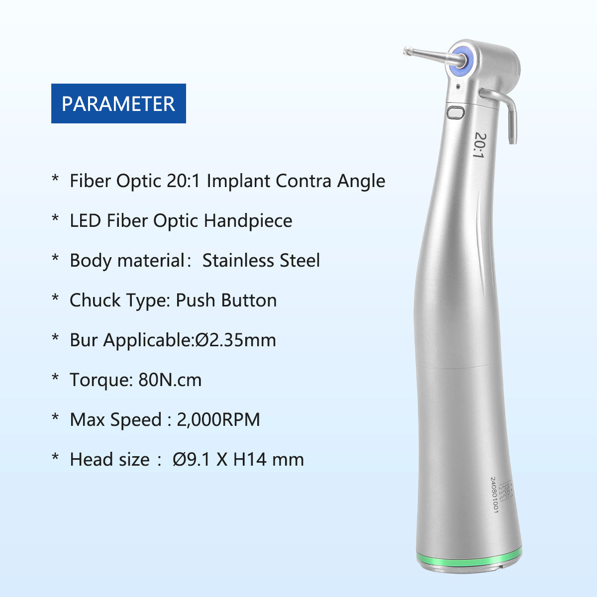 Dental LED Fiber Optic 20:1 Implant Contra Angle Low Speed Handpiece Push Button Stainless Steel Body - azdentall.com