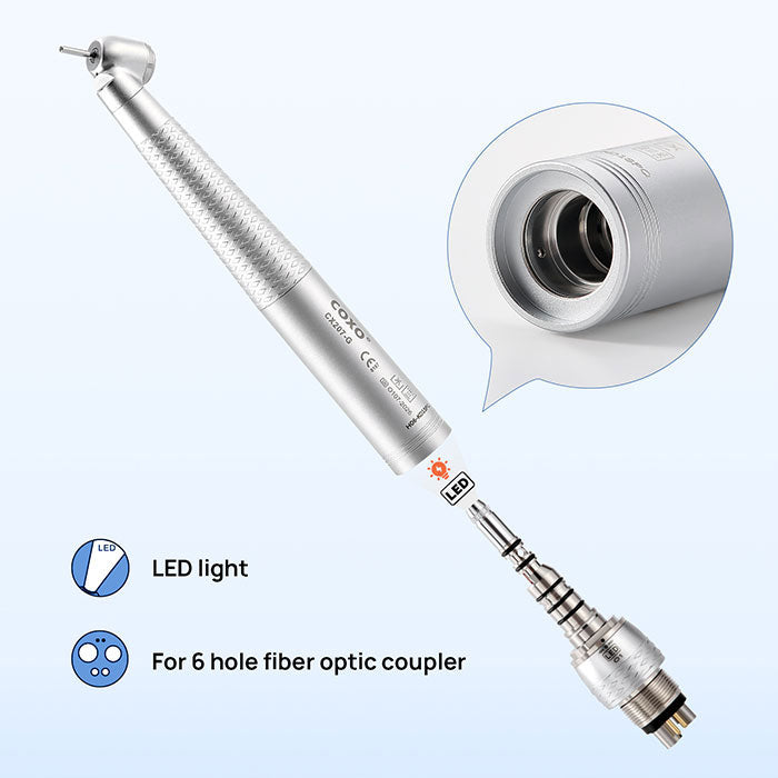 COXO Dental Standard 45 Degree High Speed Air Turbine Handpiece Fiber Optic & 6 Holes LED Quick Coupler CX207-G - azdentall.com