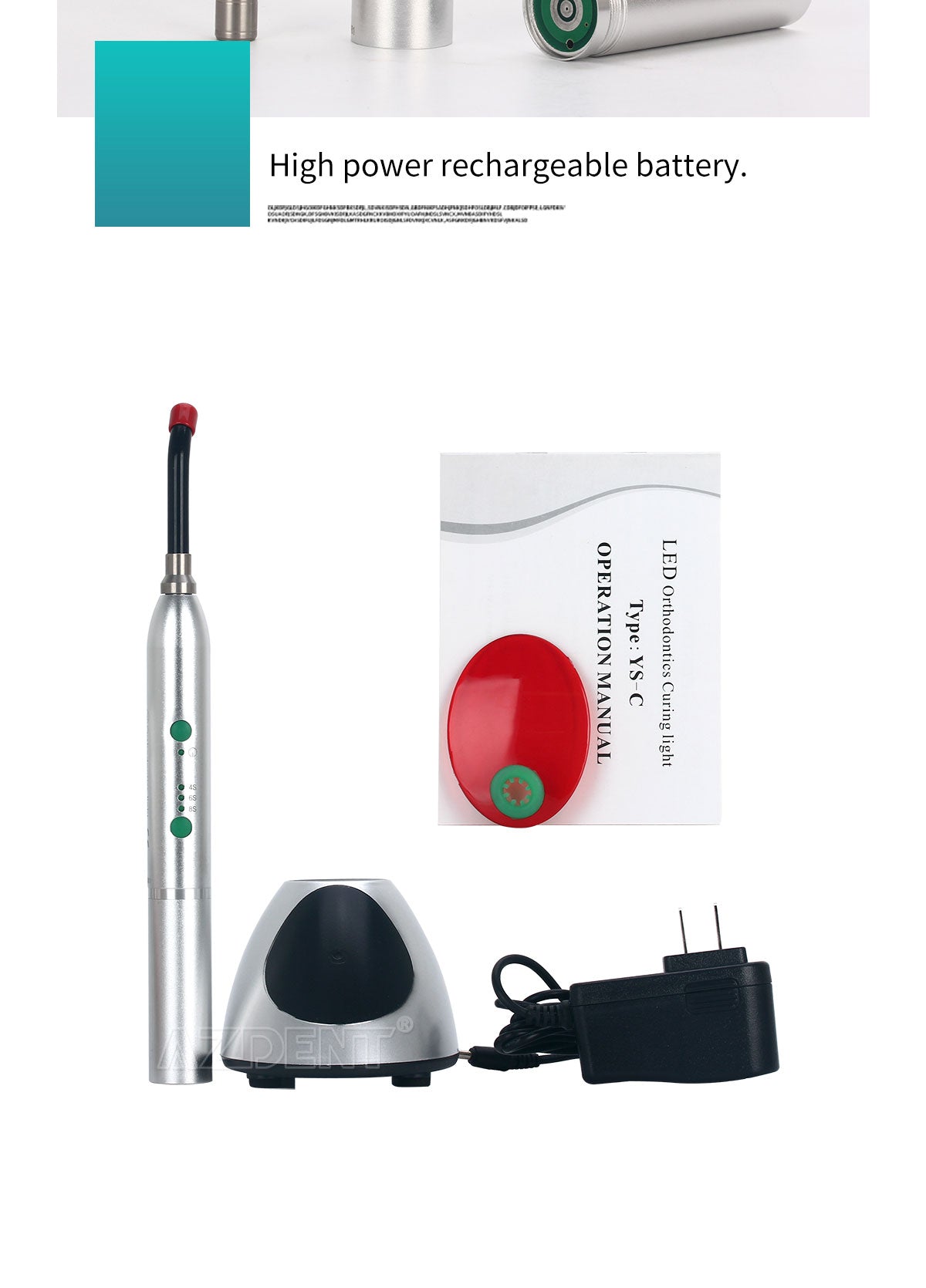 Dental LED Curing Light Cordless 3 Modes High Power 2700mW/cm² Timer 4s/6s/8s-azdentall.com