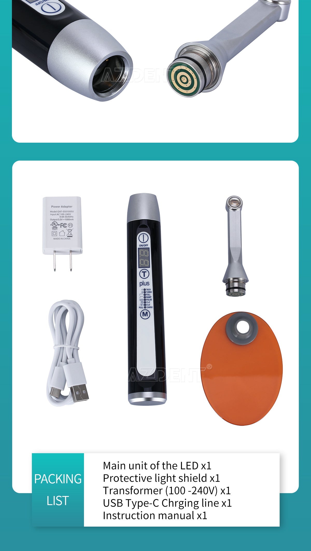 AZDENT Curing Light Wireless LED 1 Second Broad Spectrum 385-515nm 7 Modes 2500mW/cm²-azdentall.com-azdentall.com