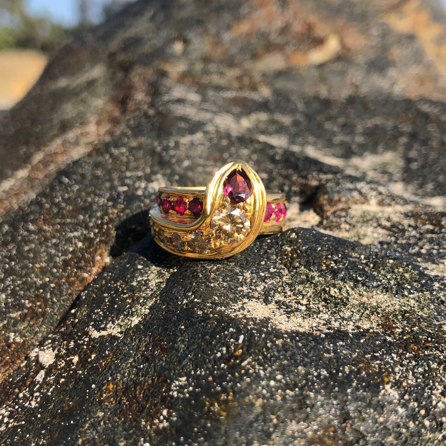 Queen Cobra Champagne Diamond, Ruby & Pink Tourmaline Gold Snake Ring Ring Rosie Odette Jewellery