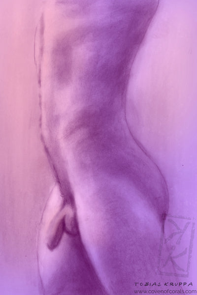 Male nude figure drawing by Tobias Kruppa (2023), pencil on paper with digitally added colours, sensual nude art, erotic home decor, lgbtq art, gay artwork, wall decor