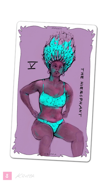 The Hierophant Tarot Card, Neon Kruppa Tarot, handmade erotic Tarot Card deck by Tobias Kruppa.In a confident, female nude pose, my re-interpretation of the Tarot card "The Hierophant" emphasizes matriarchy and female power