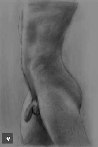 Male nude figure drawing by Tobias Kruppa (2023), pencil on paper with digitally added colours, step by step description