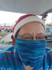 the Crazy Knitter wearing a knitted mask