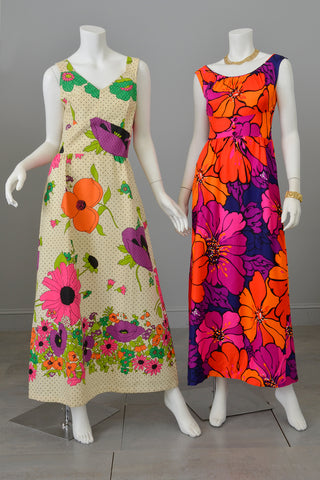 1960s Flower Power Maxi Sundress and Bright Orange Red Purple Hawaiian Sundress