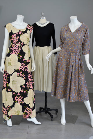 1960s Hawaiian Print Tunic Pants, 1950s Color Block Dress, 1940s Paisley Print Dress