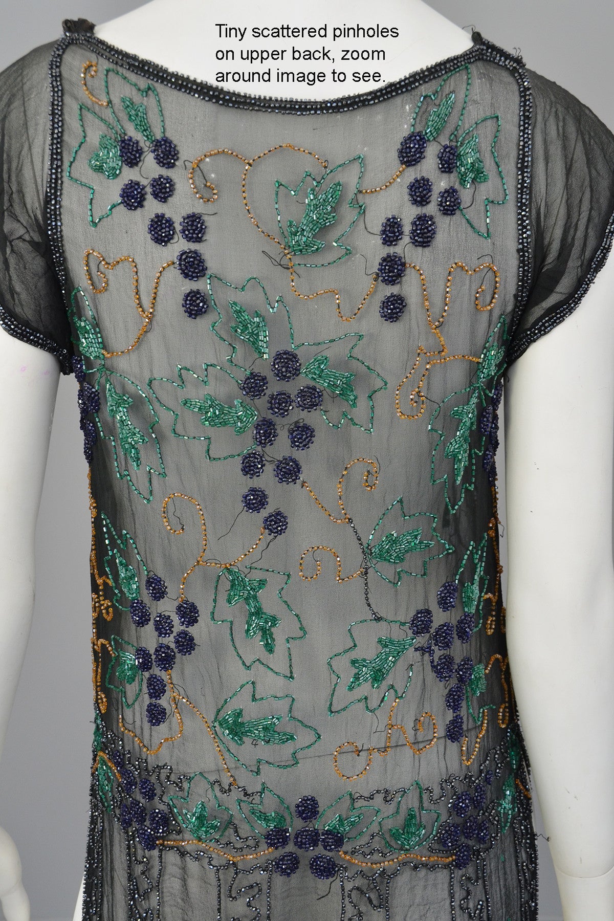 1920s Black Chiffon Purple Gold Green Grapes Beaded Tabard Dress ...