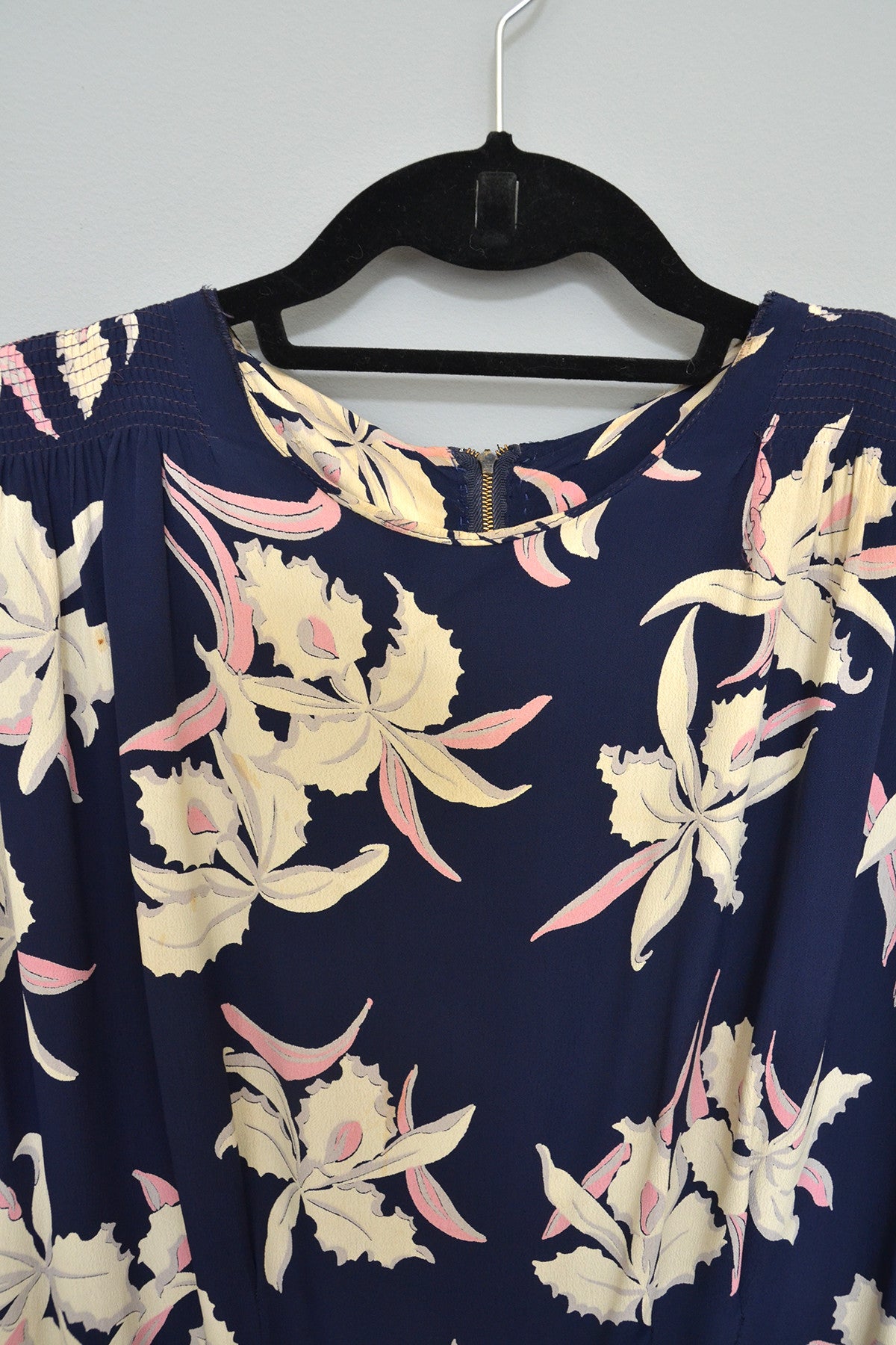 1940s Navy Blue Orchid Print Dress As-Is | VintageVirtuosa