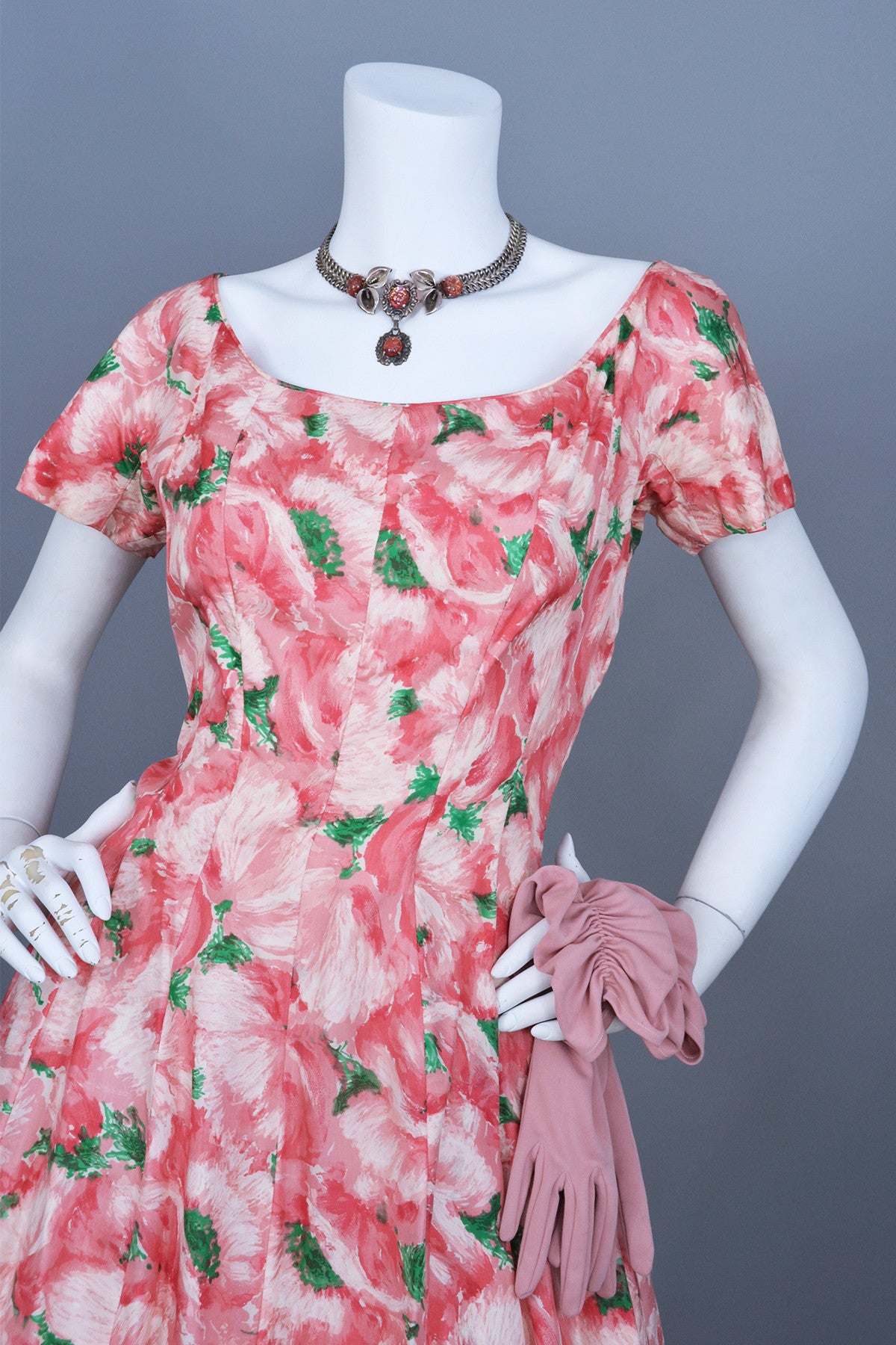 1950s Pink Retro Rose Print Silk Vintage Party Dress Vintagevirtuosa