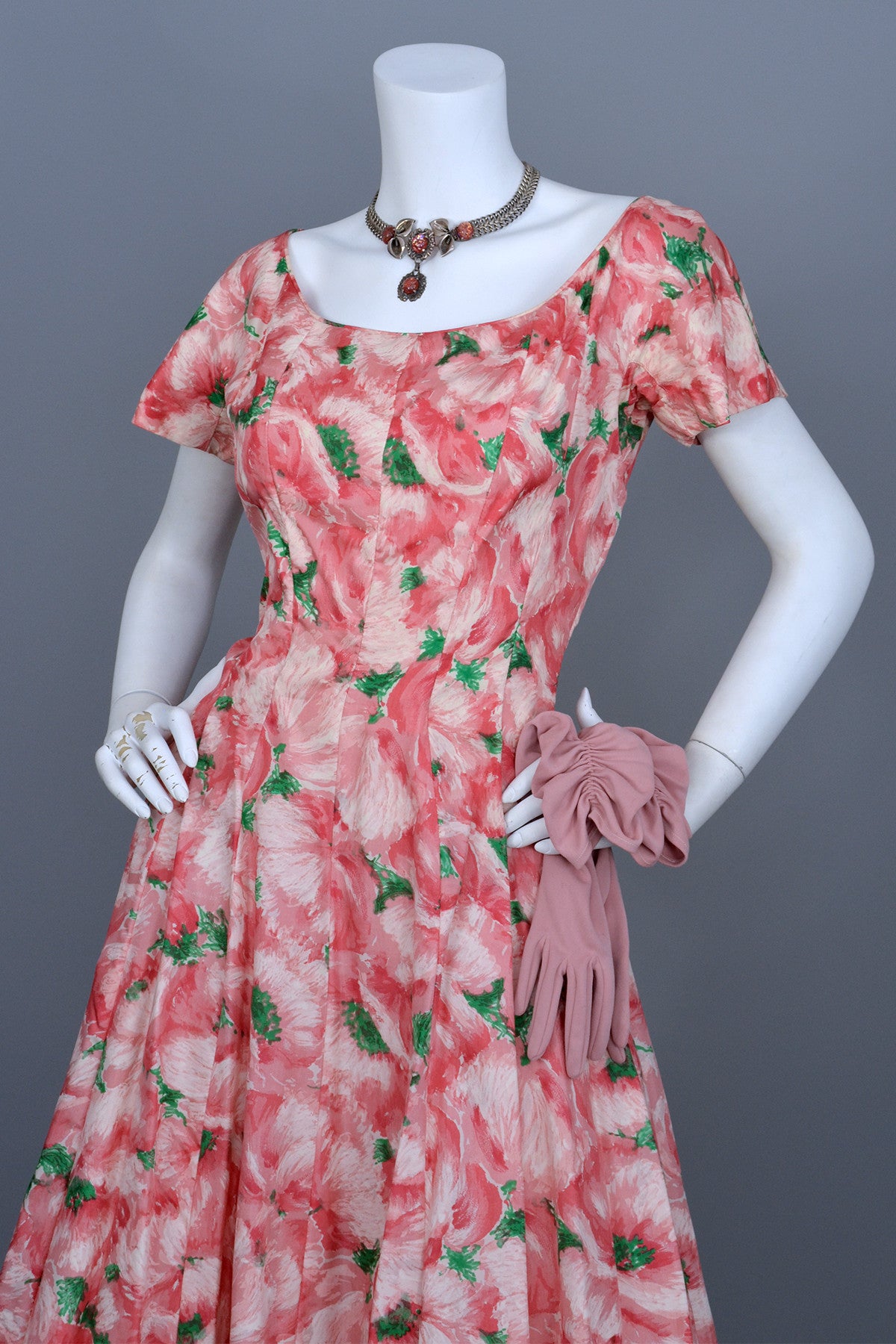 1950s Pink Retro Rose Print Silk Vintage Party Dress Vintagevirtuosa