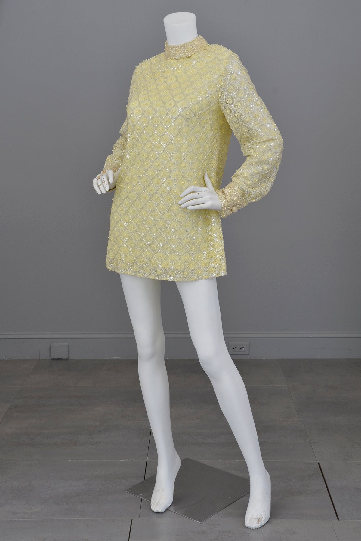 1960s Pale Yellow Beaded Micro Mini Go Go Dress Tunic | Twiggy Dress ...