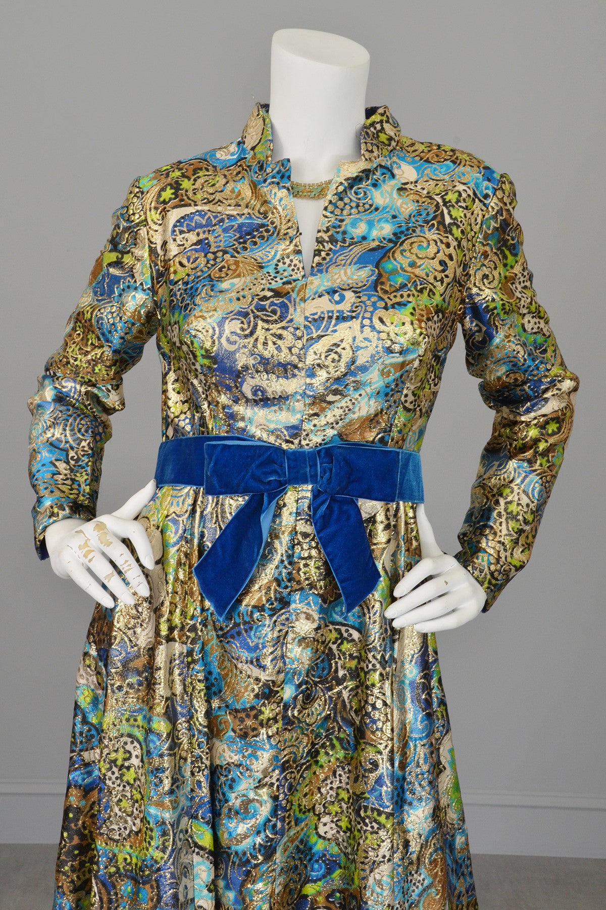 1960s Blue with Gold Metallic Lamé Paisley Print Vintage Gown ...
