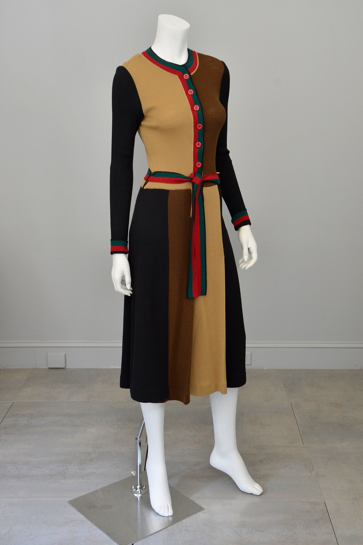 1970s MOD Colorblock Knit Dress Black, Camel, Brown | VintageVirtuosa