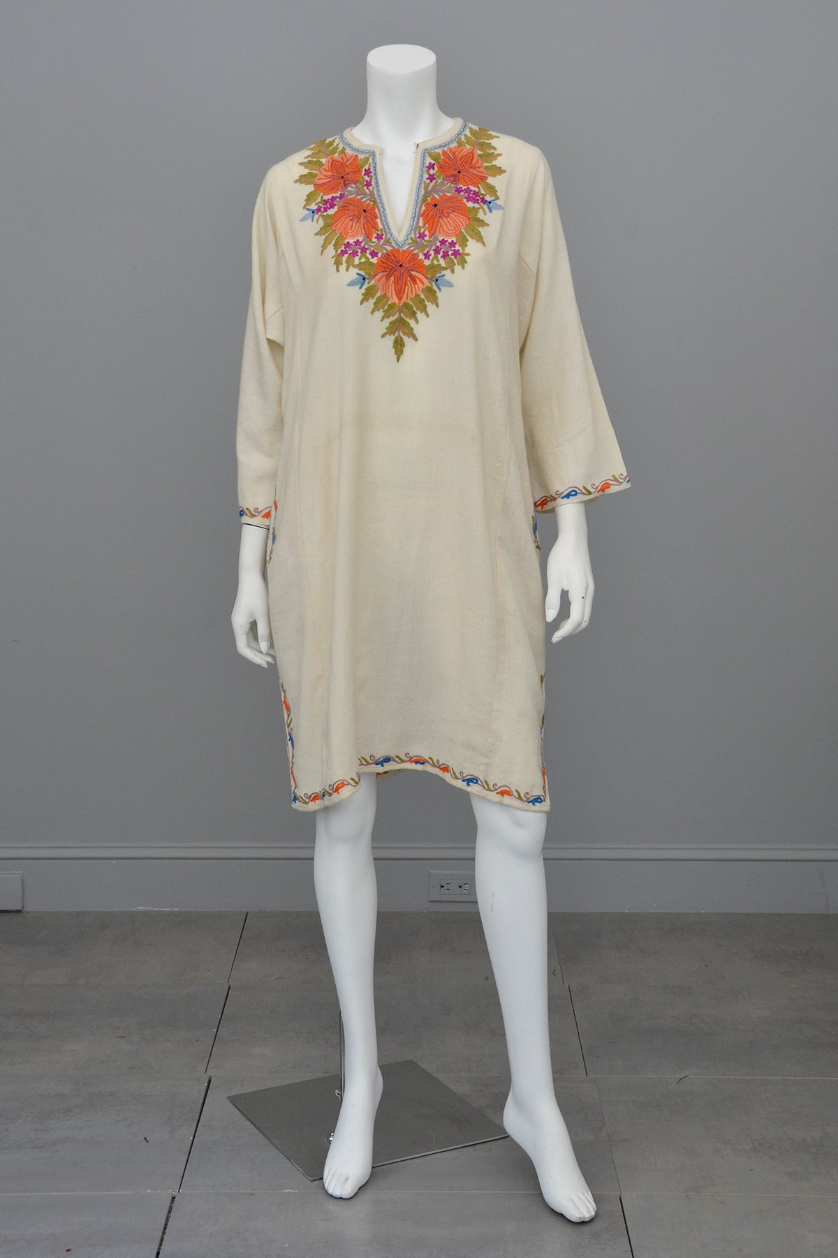 1970s Embroidered Off-White Wool Tunic Caftan Dress, Size L ...