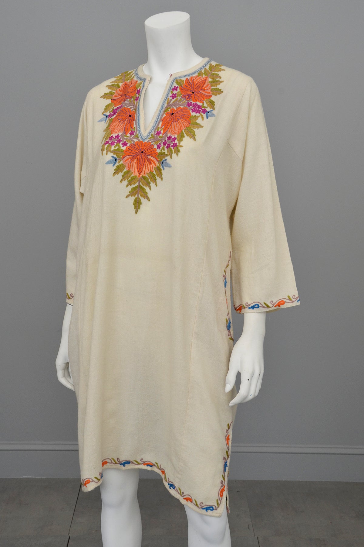 1970s Embroidered Off-White Wool Tunic Caftan Dress, Size L ...