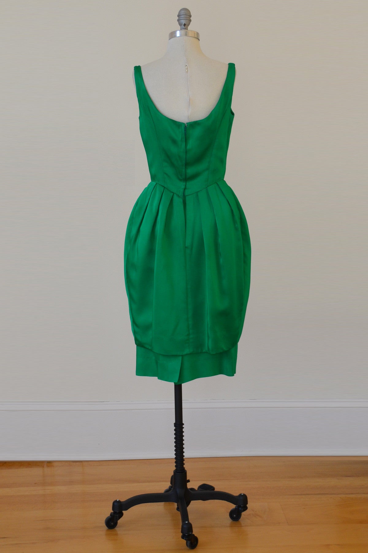 1960's Emerald Green Satin Bombshell Vintage Party Dress with Petal Sk ...