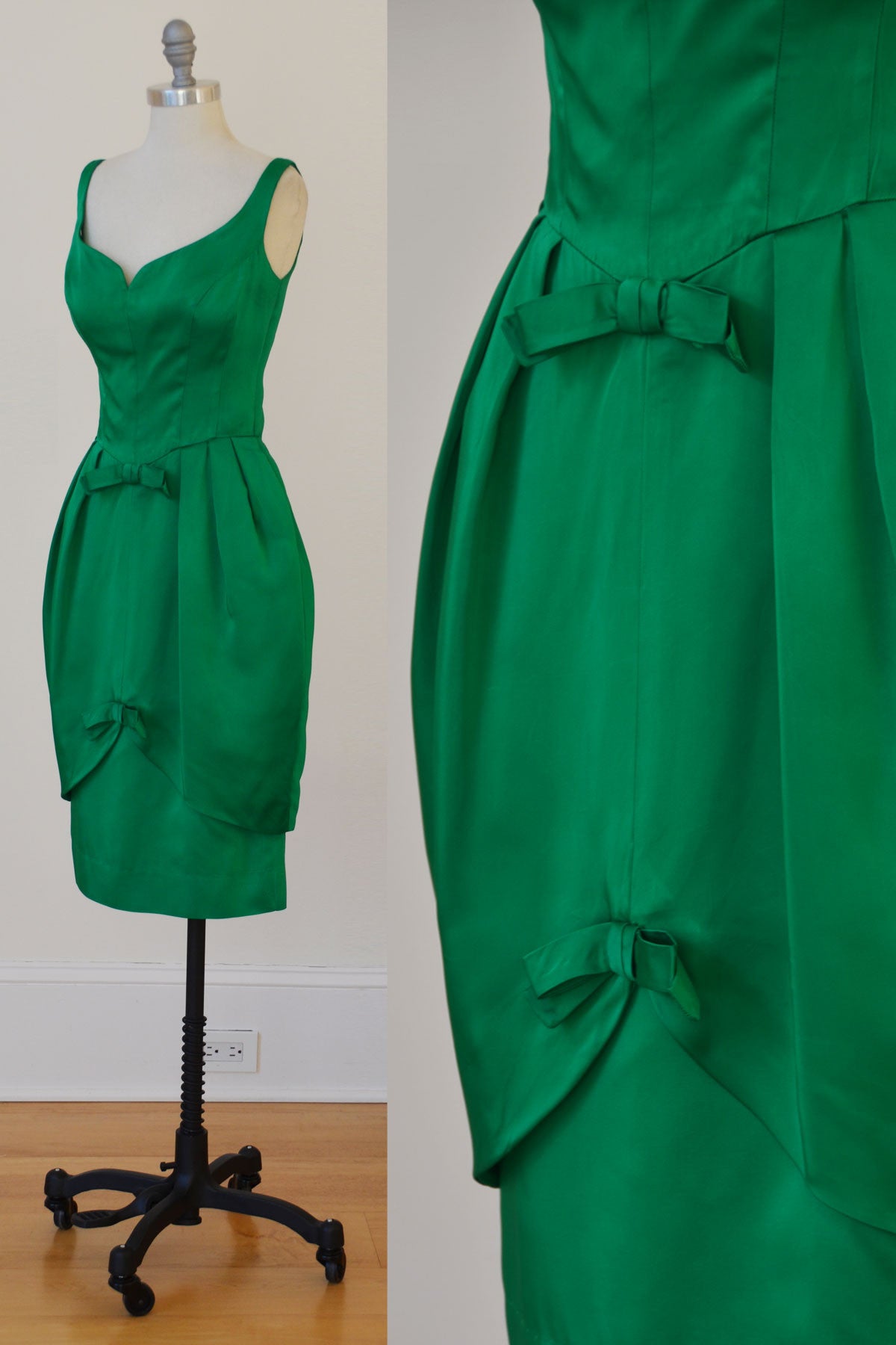 emerald green satin cocktail dress