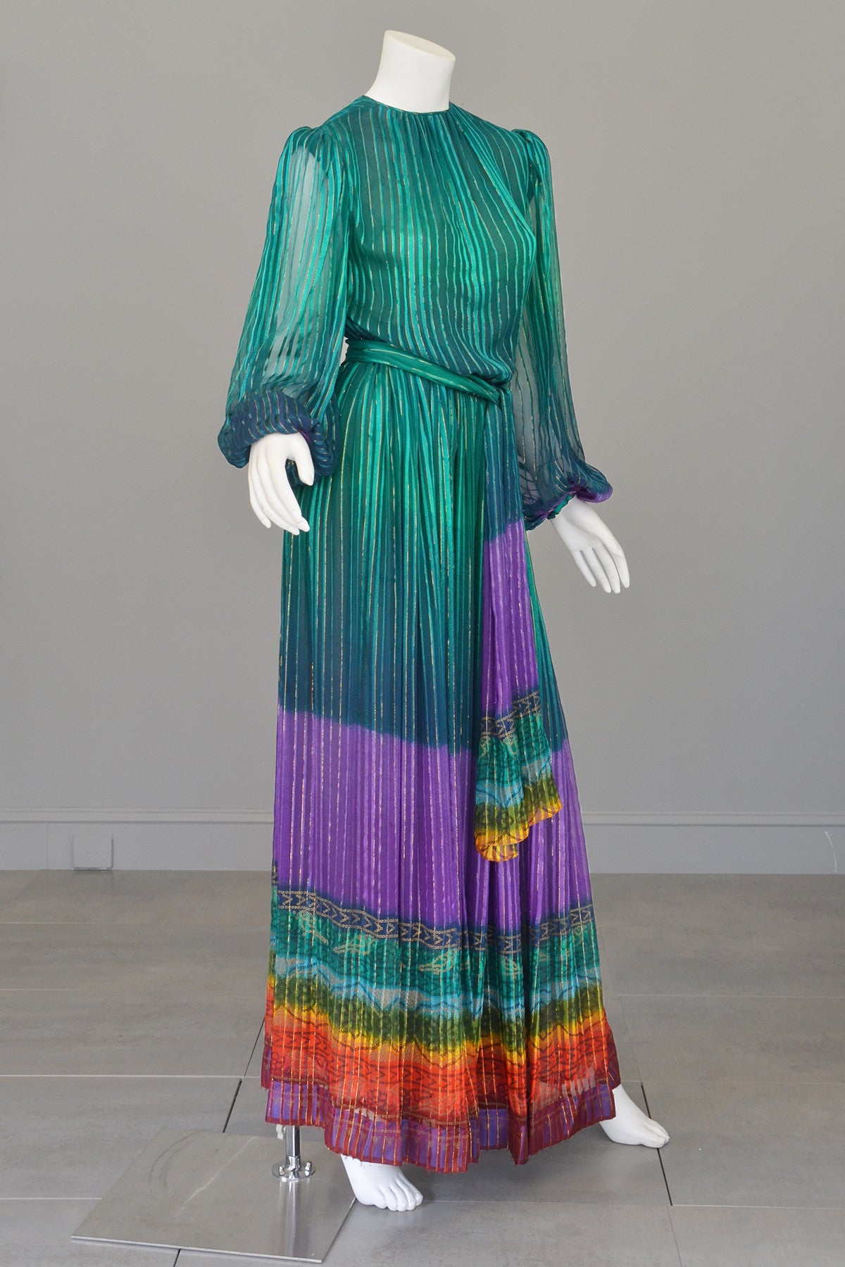 Reserved 1970s Sheer Peacock Rainbow Silk Maxi Dress With Poet Sleeves Vintagevirtuosa 3871