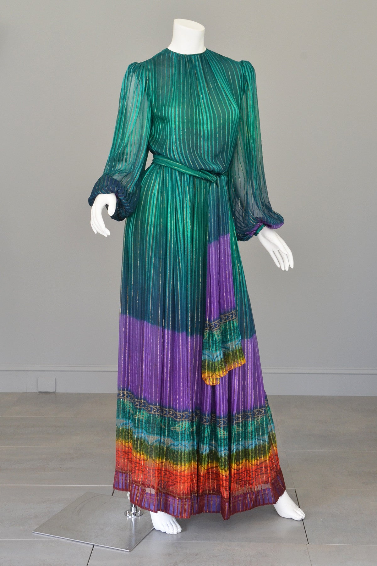 Reserved 1970s Sheer Peacock Rainbow Silk Maxi Dress With Poet Sleeves Vintagevirtuosa 6560