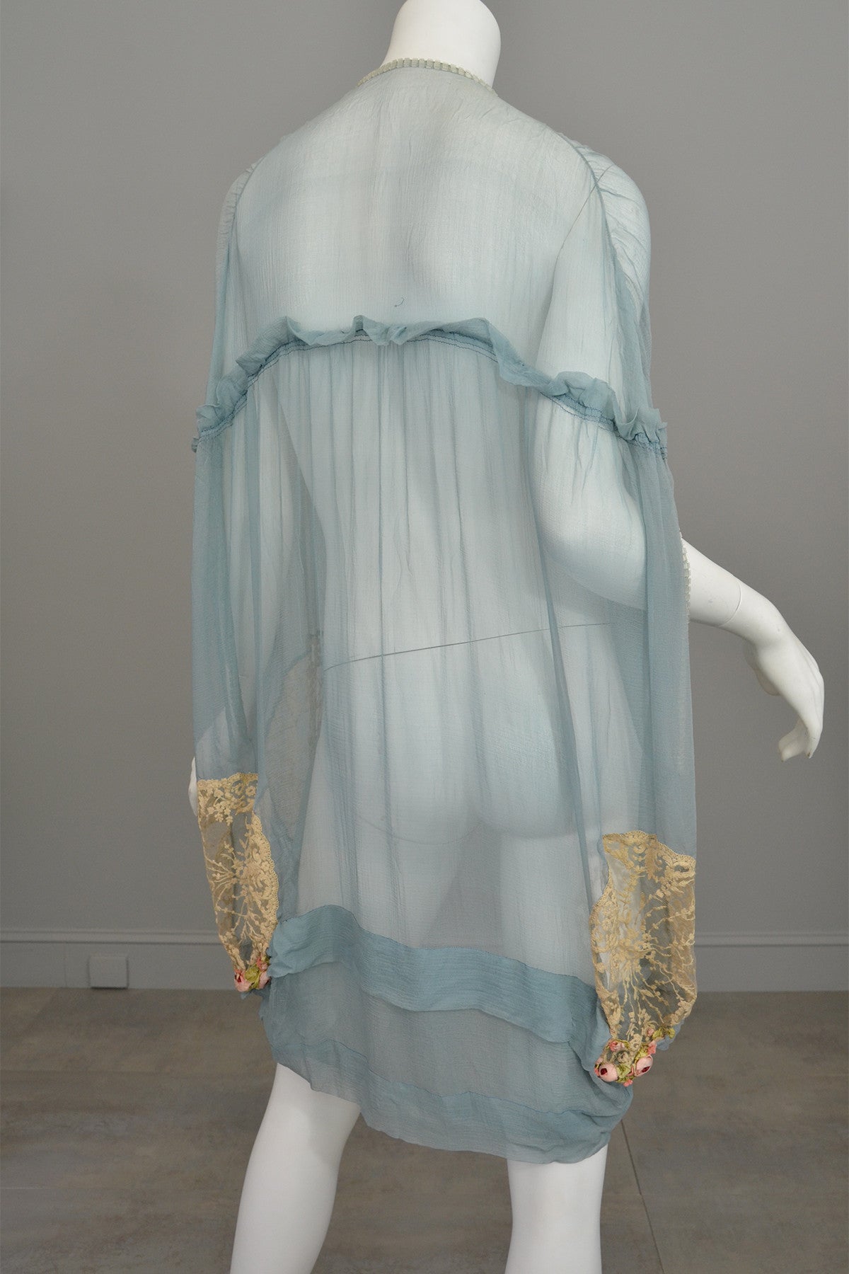 1920s Deco Aqua Blue Sheer Silk Cocoon Duster Vest with Beads, Lace an ...