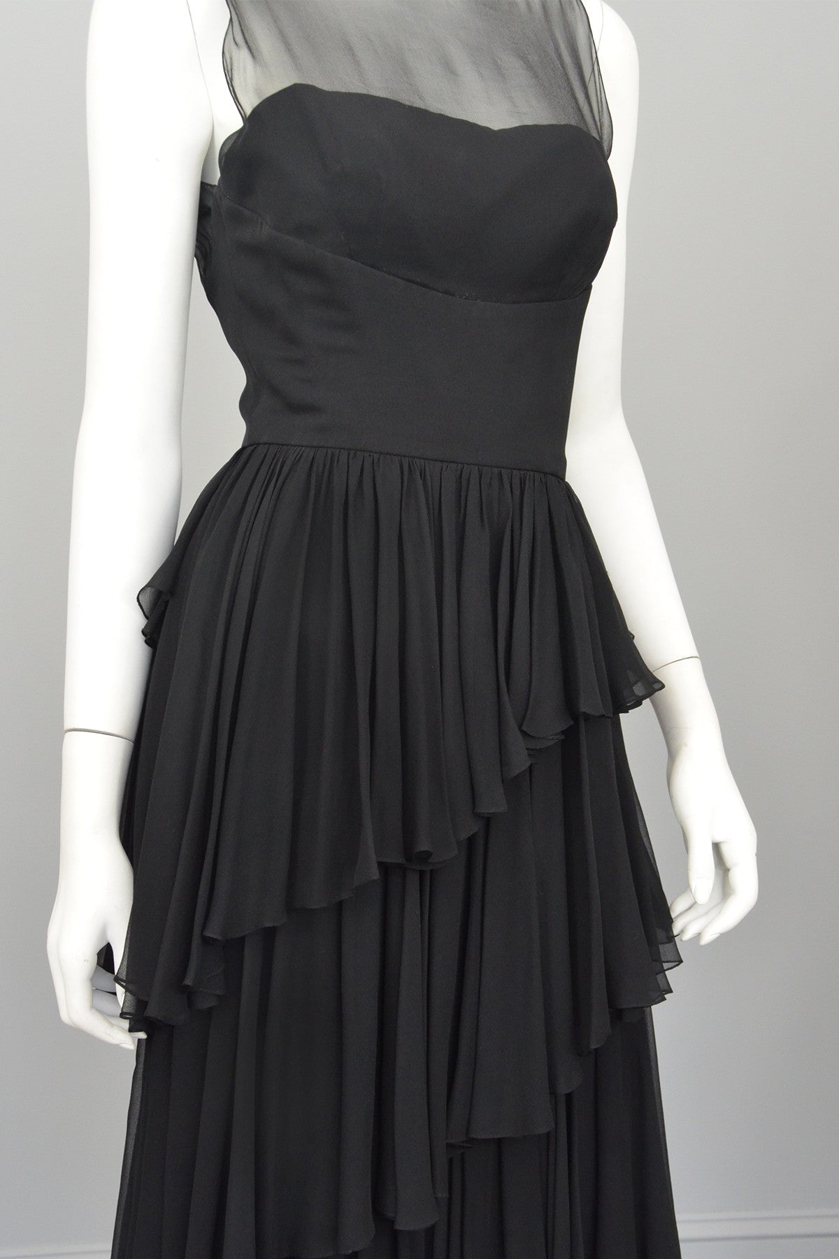 Vintage 1960s Black Chiffon Tiered Skirt Cocktail Dress | VintageVirtuosa