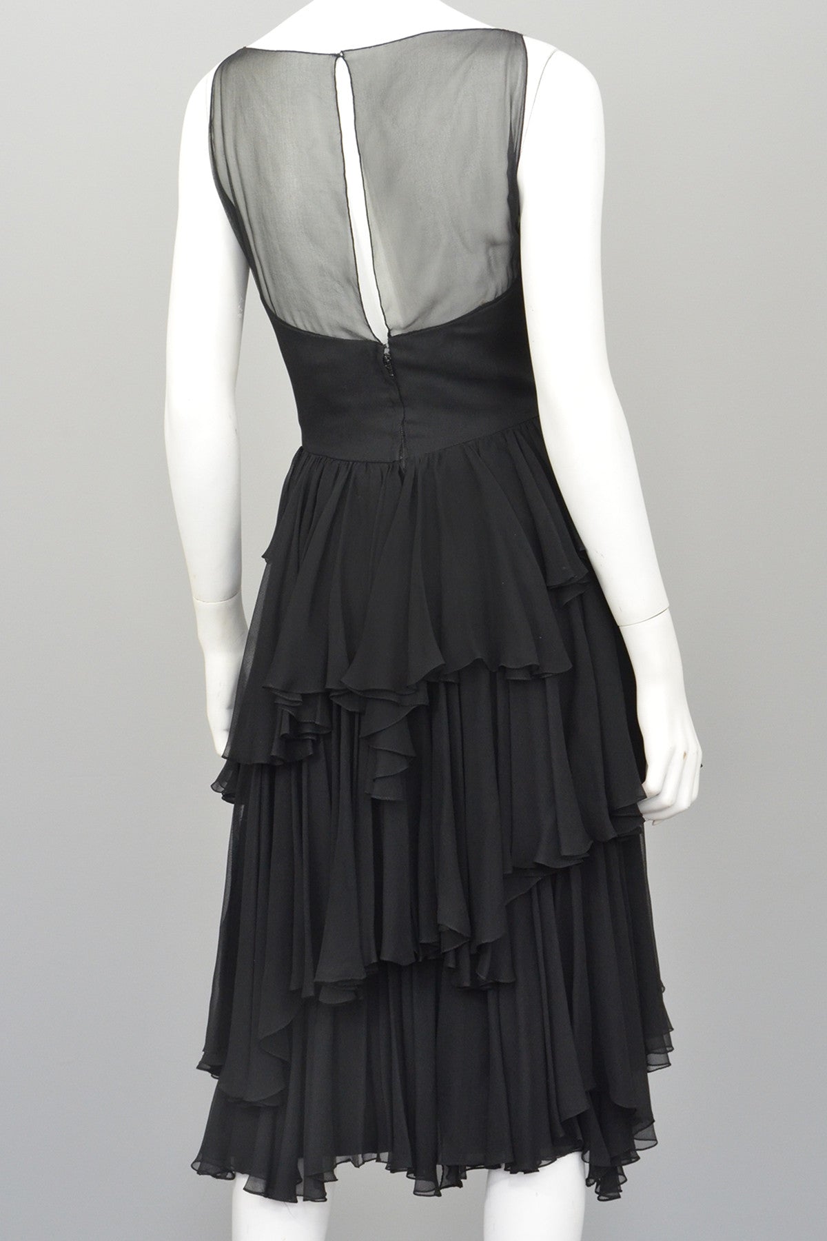 Vintage 1960s Black Chiffon Tiered Skirt Cocktail Dress | VintageVirtuosa