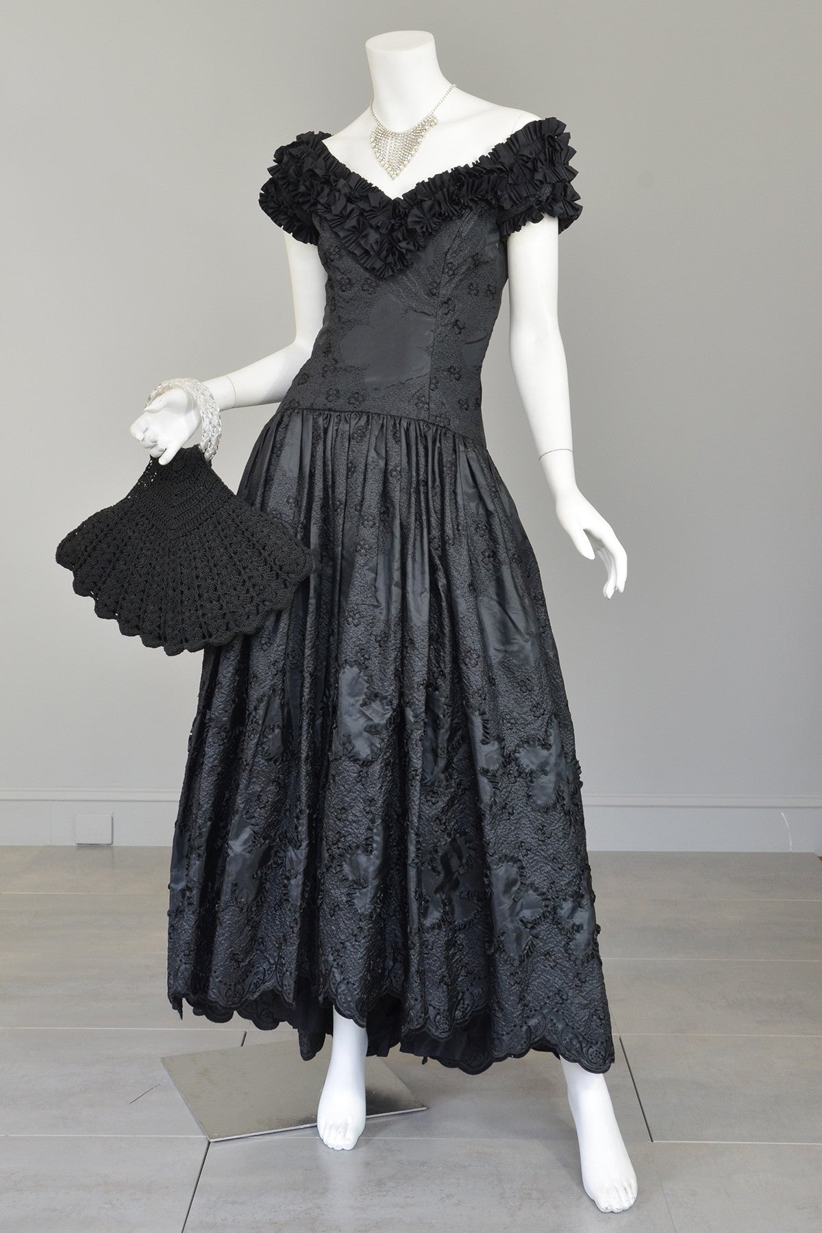 black embroidered evening dress