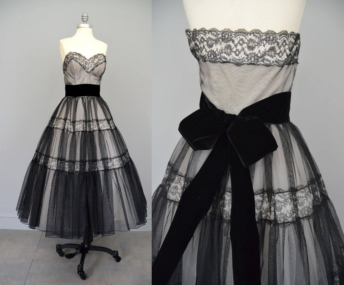 1950s Black Lace and Chiffon over Cream Taffeta Party Prom Dress ...