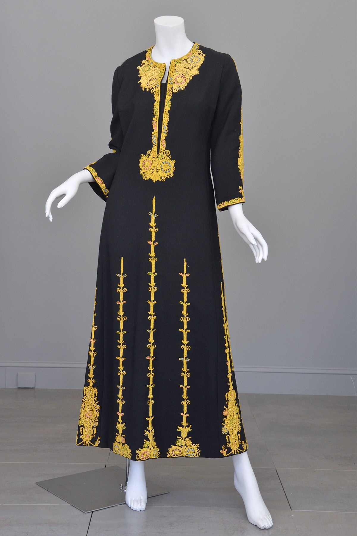 1970s Black Wool Gold Embroidered A-Line Caftan Maxi Dress ...