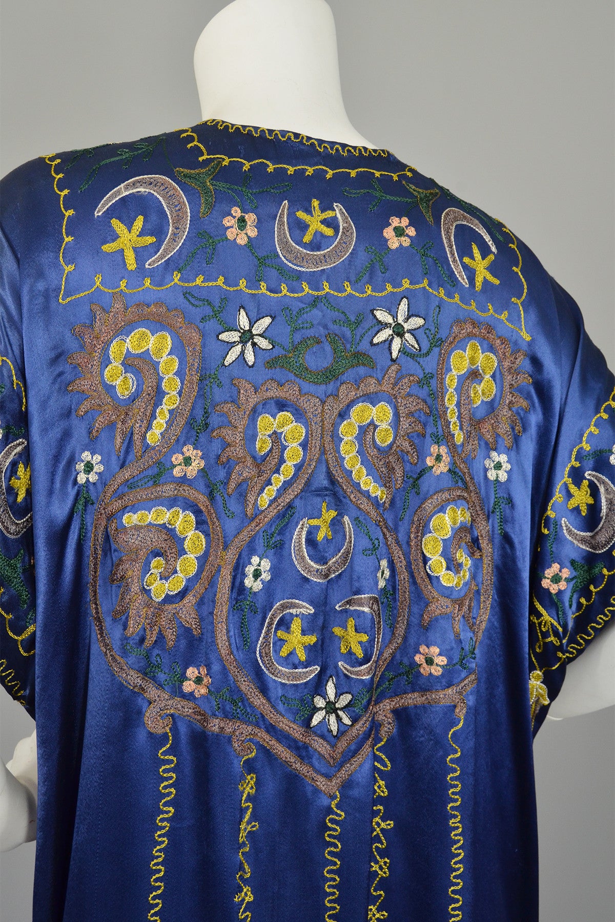 Vintage Blue Satin Embroidered Tassels Duster Maxi Vest | VintageVirtuosa