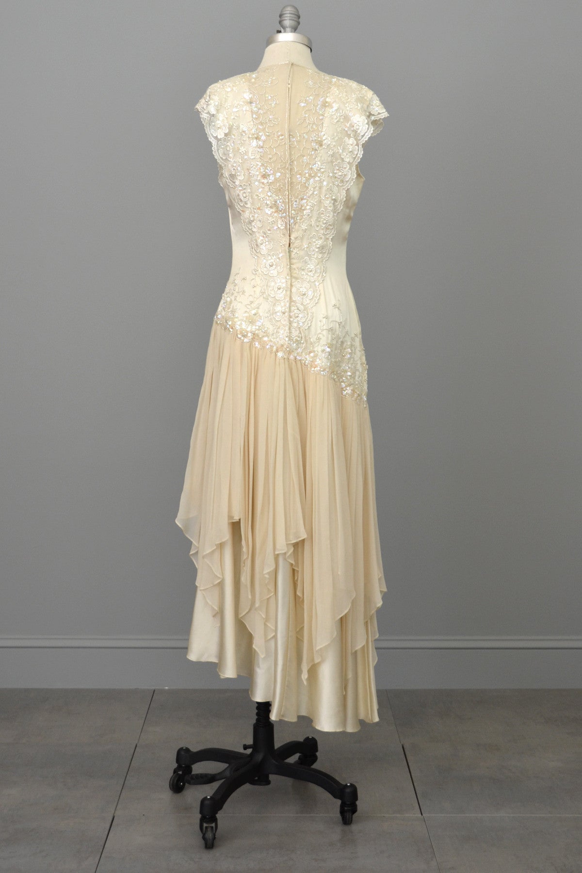 Vintage 80s 90s Beaded Lace Silk Chiffon Flapper Dress | VintageVirtuosa