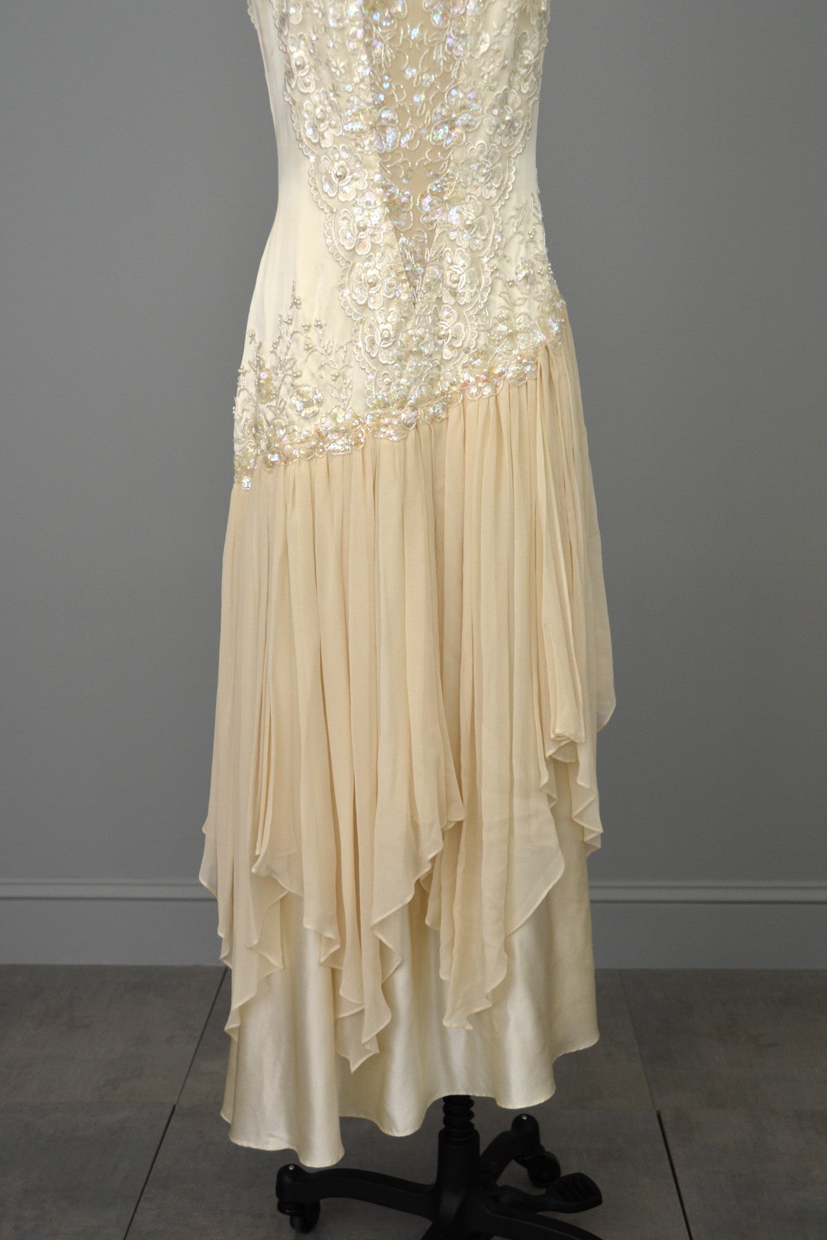 Vintage 80s 90s Beaded Lace Silk Chiffon Flapper Dress | VintageVirtuosa