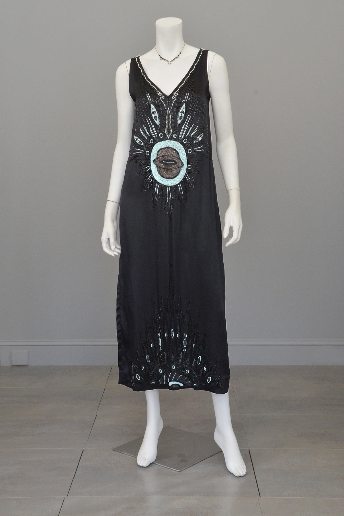 Eye of the Peacock Satin 1920s Deco Tabard Dress | VintageVirtuosa