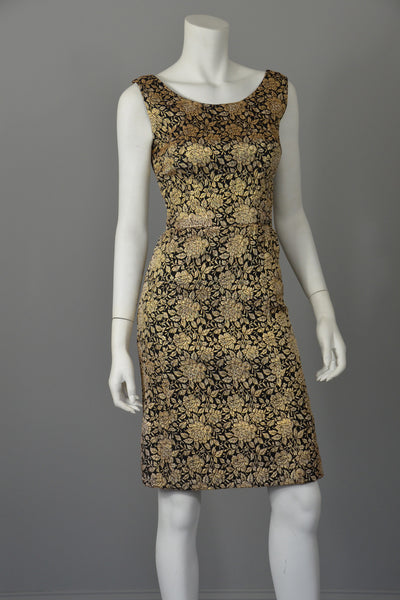 1960s Gold Brocade Vintage Cocktail Dress Wiggle Dress XS | VintageVirtuosa