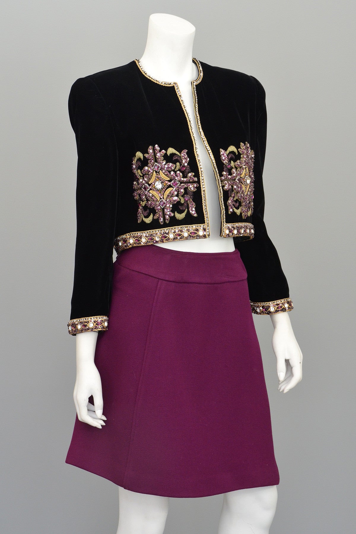 Mary McFadden Plum Velvet Beaded Cropped Evening Jacket | VintageVirtuosa